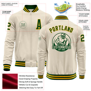 Custom Cream Green-Gold Bomber Varsity Letterman Zipper Jacket