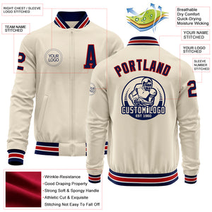 Custom Cream Navy Red-White Bomber Varsity Letterman Zipper Jacket