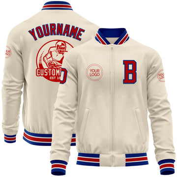 Custom Cream Red Royal-White Bomber Varsity Letterman Zipper Jacket