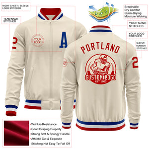 Custom Cream Red Royal-White Bomber Varsity Letterman Zipper Jacket