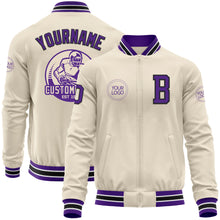 Laden Sie das Bild in den Galerie-Viewer, Custom Cream Purple Black-White Bomber Varsity Letterman Zipper Jacket
