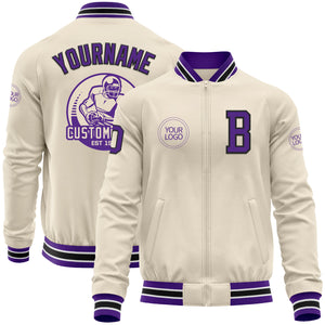 Custom Cream Purple Black-White Bomber Varsity Letterman Zipper Jacket