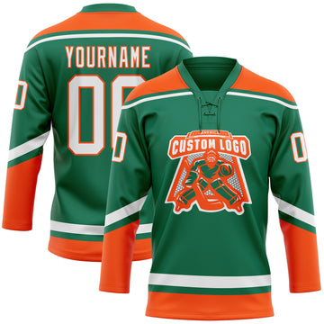 Custom Kelly Green White-Orange Hockey Lace Neck Jersey