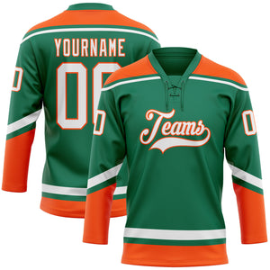 Custom Kelly Green White-Orange Hockey Lace Neck Jersey