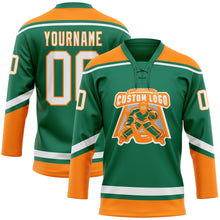 Laden Sie das Bild in den Galerie-Viewer, Custom Kelly Green White-Bay Orange Hockey Lace Neck Jersey
