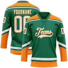 Laden Sie das Bild in den Galerie-Viewer, Custom Kelly Green White-Bay Orange Hockey Lace Neck Jersey
