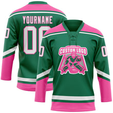 Загрузить изображение в средство просмотра галереи, Custom Kelly Green White-Pink Hockey Lace Neck Jersey
