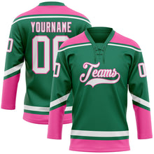 Загрузить изображение в средство просмотра галереи, Custom Kelly Green White-Pink Hockey Lace Neck Jersey
