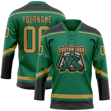 Laden Sie das Bild in den Galerie-Viewer, Custom Kelly Green Old Gold-Black Hockey Lace Neck Jersey
