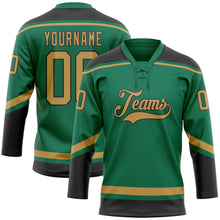 Laden Sie das Bild in den Galerie-Viewer, Custom Kelly Green Old Gold-Black Hockey Lace Neck Jersey
