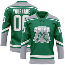 Загрузить изображение в средство просмотра галереи, Custom Kelly Green White-Gray Hockey Lace Neck Jersey
