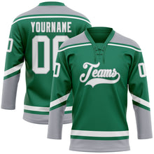 Загрузить изображение в средство просмотра галереи, Custom Kelly Green White-Gray Hockey Lace Neck Jersey
