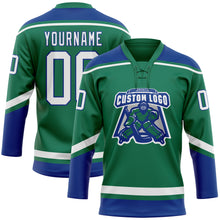 Загрузить изображение в средство просмотра галереи, Custom Kelly Green White-Royal Hockey Lace Neck Jersey
