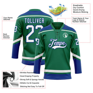 Custom Kelly Green White-Royal Hockey Lace Neck Jersey