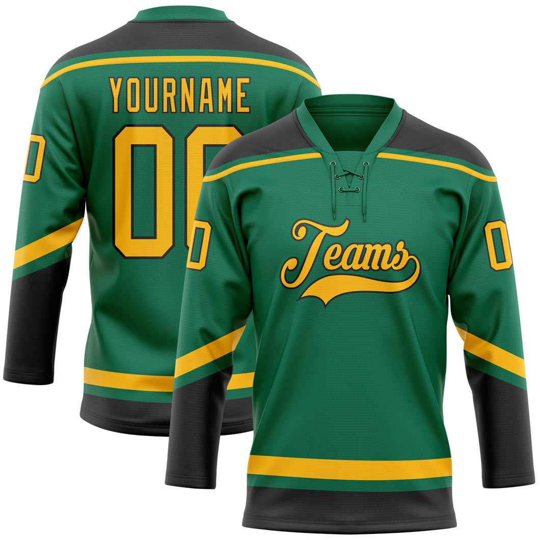 Custom Kelly Green Gold-Black Hockey Lace Neck Jersey