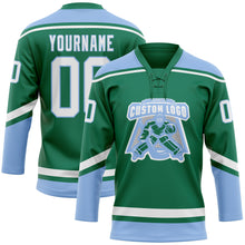 Charger l&#39;image dans la galerie, Custom Kelly Green White-Light Blue Hockey Lace Neck Jersey
