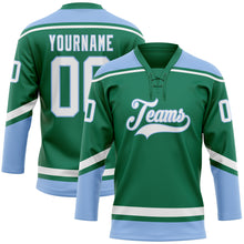 Charger l&#39;image dans la galerie, Custom Kelly Green White-Light Blue Hockey Lace Neck Jersey
