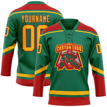 Загрузить изображение в средство просмотра галереи, Custom Kelly Green Gold-Red Hockey Lace Neck Jersey
