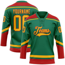 Загрузить изображение в средство просмотра галереи, Custom Kelly Green Gold-Red Hockey Lace Neck Jersey
