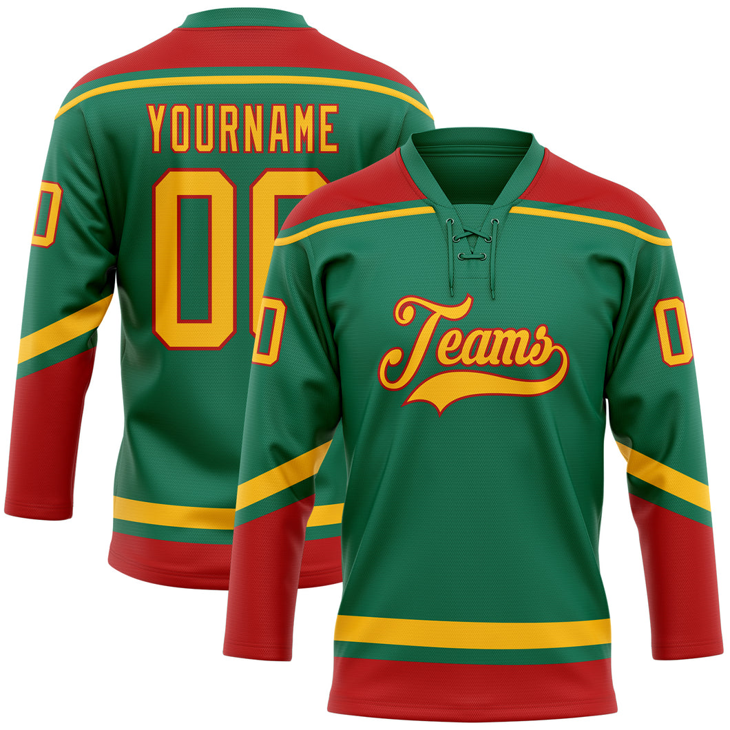 Custom Kelly Green Gold-Red Hockey Lace Neck Jersey