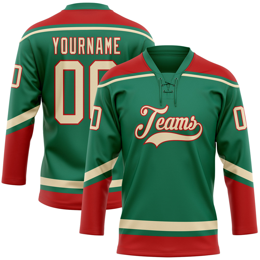 Custom Kelly Green City Cream-Red Hockey Lace Neck Jersey