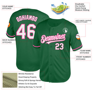 Custom Kelly Green White-Pink Mesh Authentic Throwback Baseball Jersey