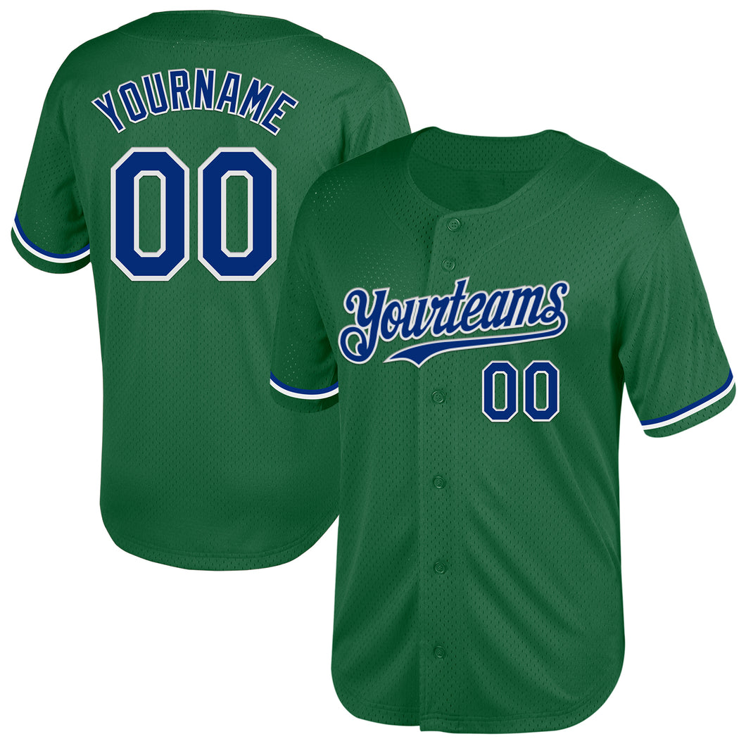 Custom Kelly Green Royal-White Mesh Authentic Throwback Baseball Jersey