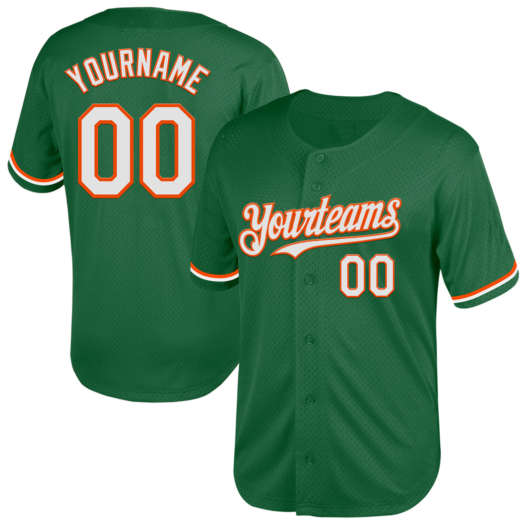 Custom Kelly Green White-Orange Mesh Authentic Throwback Baseball Jersey