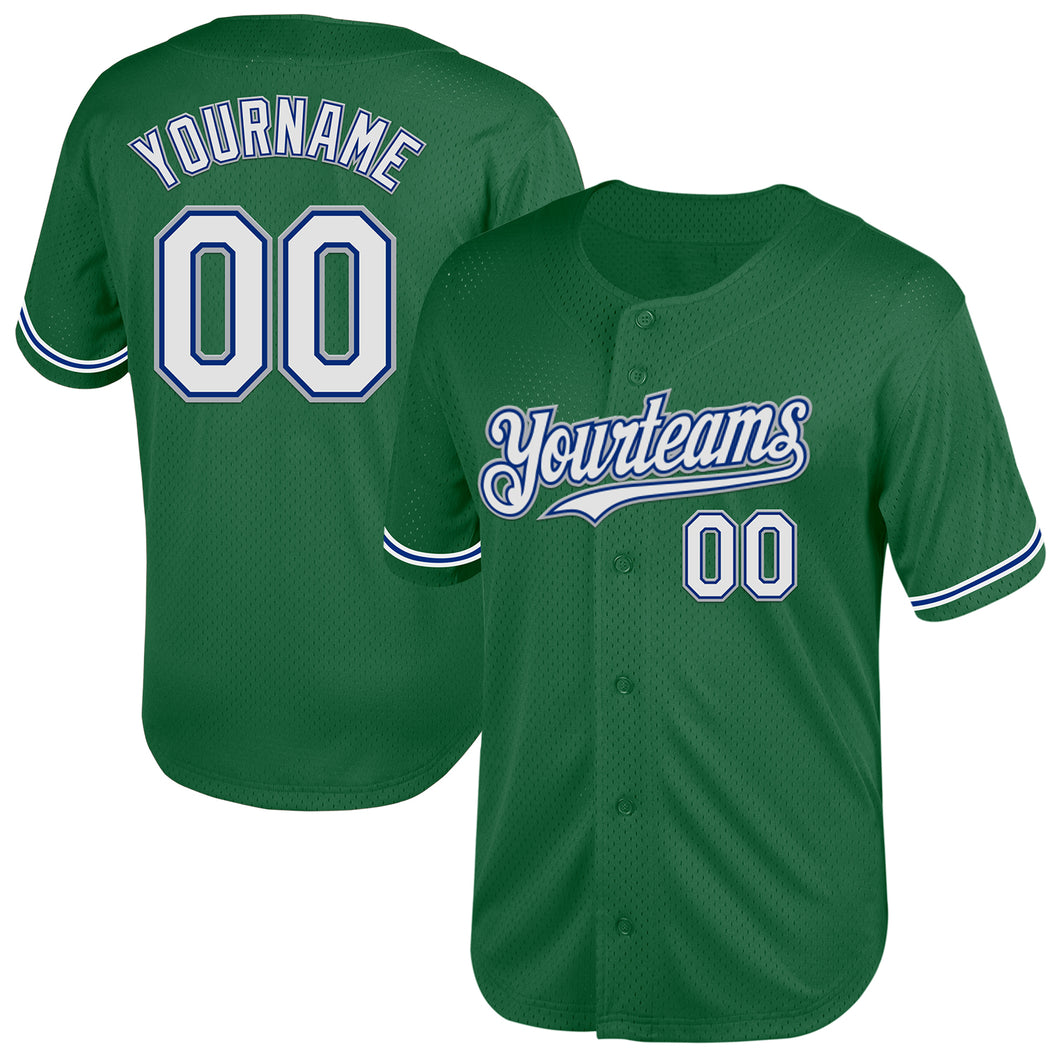 Custom Kelly Green Royal-Gray Mesh Authentic Throwback Baseball Jersey