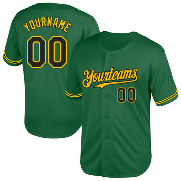 Custom Kelly Green Black-Yellow Mesh Authentic Throwback Baseball Jersey