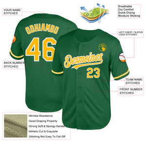 Custom Kelly Green Gold-White Mesh Authentic Throwback Baseball Jersey