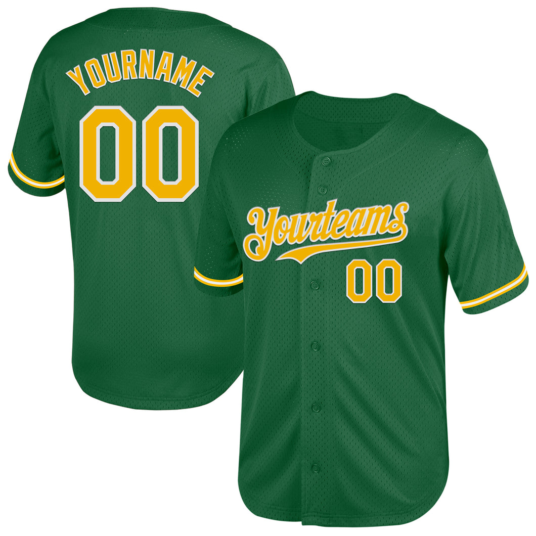 Custom Kelly Green Gold-White Mesh Authentic Throwback Baseball Jersey