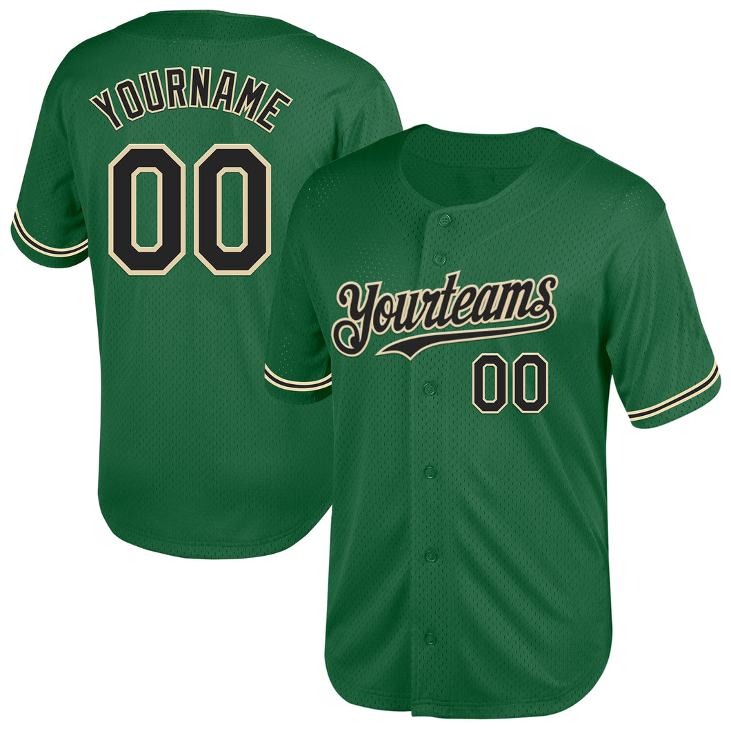 Custom Kelly Green Black-City Cream Mesh Authentic Throwback Baseball Jersey