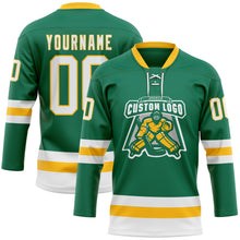 Загрузить изображение в средство просмотра галереи, Custom Kelly Green White-Gold Hockey Lace Neck Jersey
