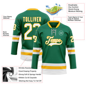 Custom Kelly Green White-Gold Hockey Lace Neck Jersey