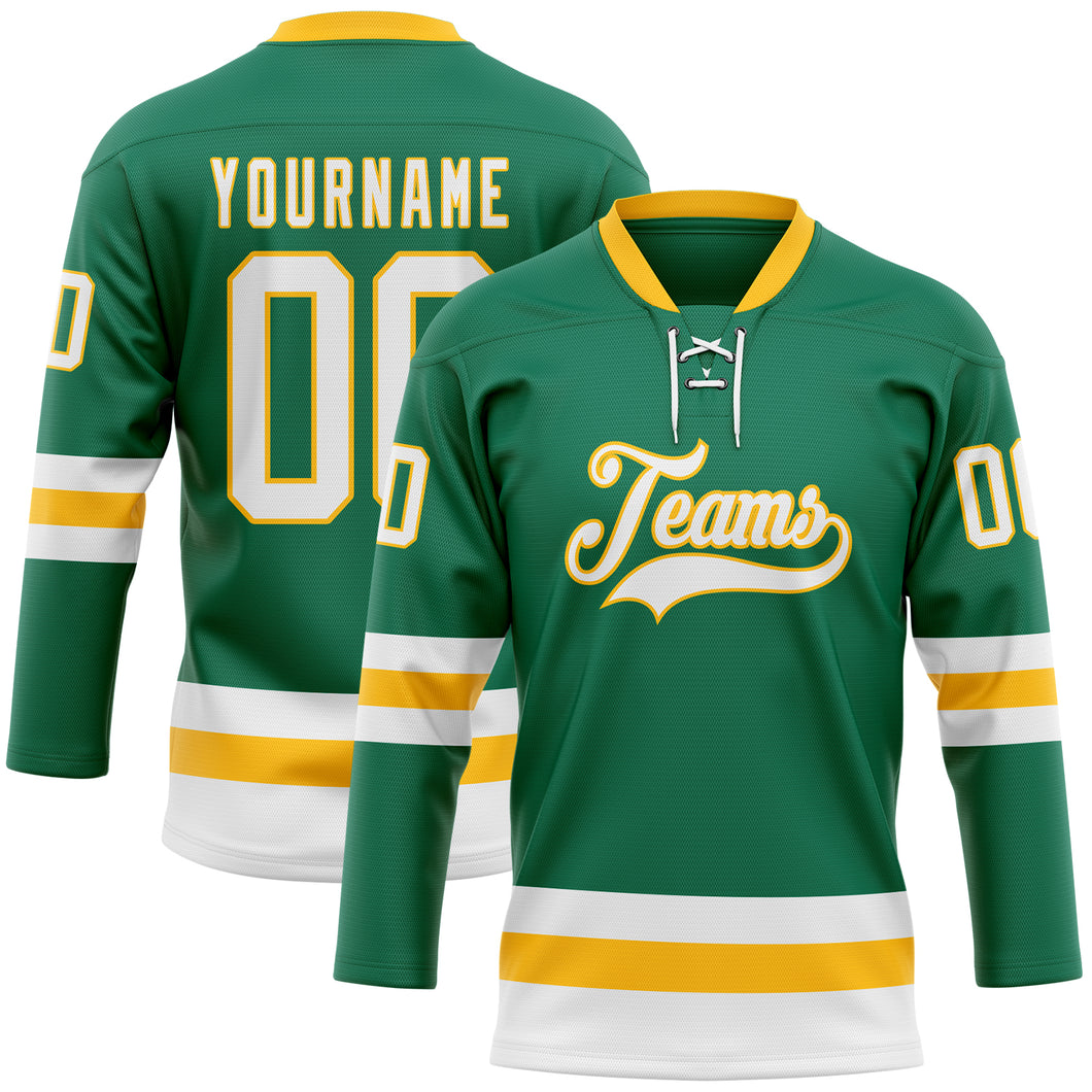 Custom Kelly Green White-Gold Hockey Lace Neck Jersey