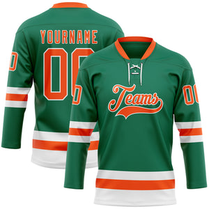 Custom Kelly Green Orange-White Hockey Lace Neck Jersey