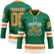 Load image into Gallery viewer, Custom Kelly Green Bay Orange-White Hockey Lace Neck Jersey
