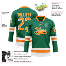 Load image into Gallery viewer, Custom Kelly Green Bay Orange-White Hockey Lace Neck Jersey
