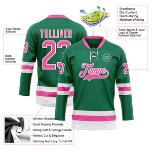 Custom Kelly Green Pink-White Hockey Lace Neck Jersey