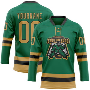 Custom Kelly Green Old Gold-Black Hockey Lace Neck Jersey