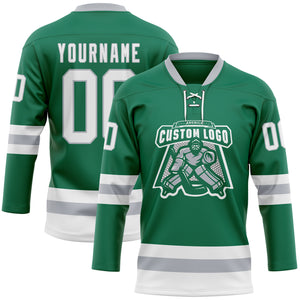 Custom Kelly Green White-Gray Hockey Lace Neck Jersey