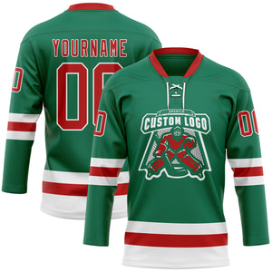 Custom Kelly Green Red-White Hockey Lace Neck Jersey