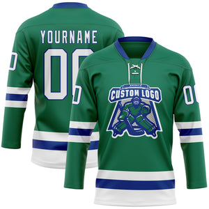 Custom Kelly Green White-Royal Hockey Lace Neck Jersey