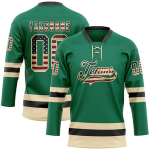 Custom Kelly Green Vintage USA Flag Cream-Black Hockey Lace Neck Jersey