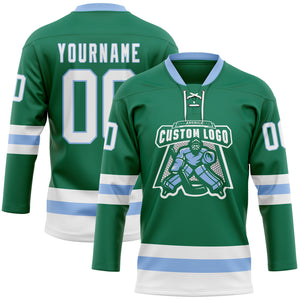 Custom Kelly Green White-Light Blue Hockey Lace Neck Jersey