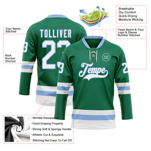 Custom Kelly Green White-Light Blue Hockey Lace Neck Jersey