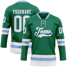 Загрузить изображение в средство просмотра галереи, Custom Kelly Green White-Light Blue Hockey Lace Neck Jersey
