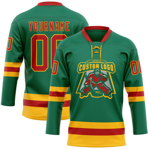 Custom Kelly Green Red-Gold Hockey Lace Neck Jersey