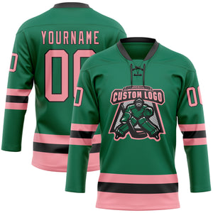 Custom Kelly Green Medium Pink-Black Hockey Lace Neck Jersey